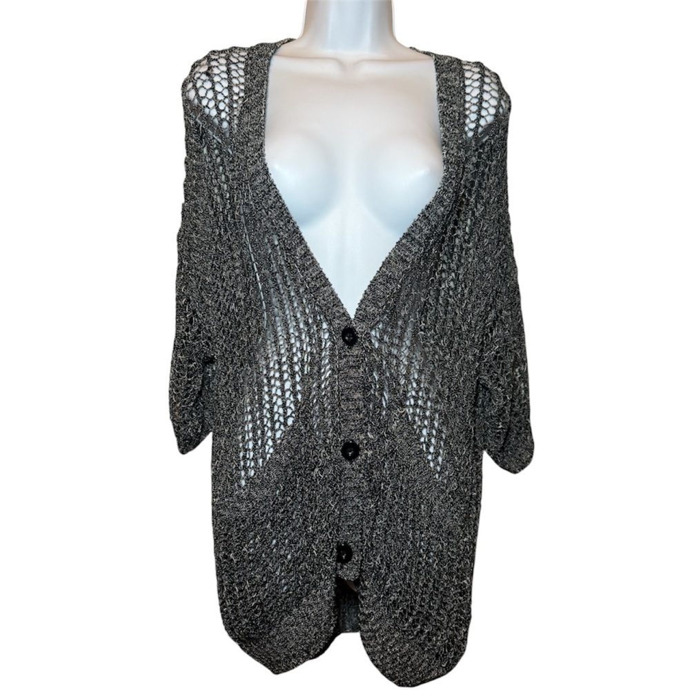 Crochet Style Open-Knit Button Cardigan Sweater - Black and Grey
